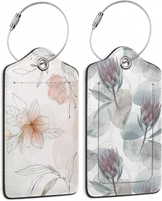 Set of 2 Luggage Tags for Suitcases,Leather Floral Leaves Line Art Baggage Tags with Stainless Steel Loop, Privacy Name ID Card Cover Kawaii Travel Labels for Women Men Kids Girls