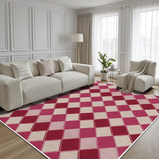 Plaid Rug, Soft Ultra Soft Faux Wool Rhombus Geometric Rugs, Indoor Floor Mats Carpet, Non Slip&Non-Shedding Low Pile Washable Rugs, Modern Red 5x6 Area Rug for Bedroom Home Decor