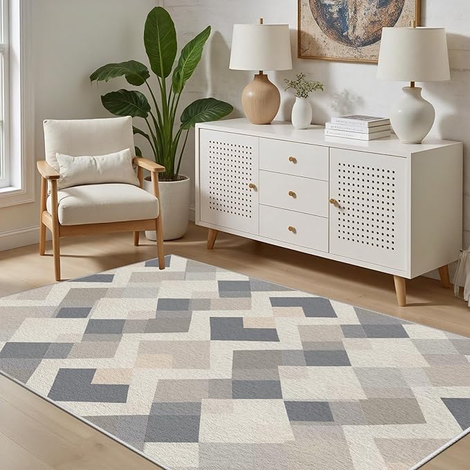 Modern Area Rug Living Room Rugs 7x10, Minimalist Soft Boho Geometric Rug, Non-Slip Washable Low Pile Non Shedding Carpet for Bedroom Office Dining Room Kitchen Nursery, Gray Beige White