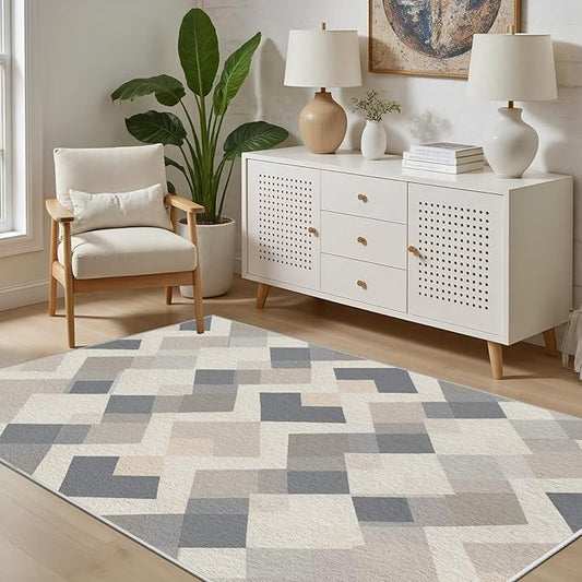 Modern Area Rug Living Room Rugs 7x10, Minimalist Soft Boho Geometric Rug, Non-Slip Washable Low Pile Non Shedding Carpet for Bedroom Office Dining Room Kitchen Nursery, Gray Beige White