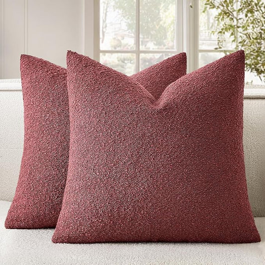 Woaboy Pack of 2 20x20 Inch Decorative Boucle Throw Pillow Covers Textured Square Pillowcaes Accent Solid Cozy Soft Cushion Covers Home Decor for Sofa Couch Living Room Home Decor,Burgundy