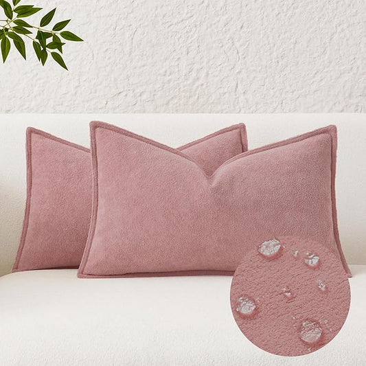 Kevin Textile Valentines Day Decorative Pillow Covers Plush Pink 12x20 Inch Pack of 2 Soft Boucle Textured Waterproof Lumbars Cushions Elegant Accent Pillows for Couch Sofa Chair Bed Home