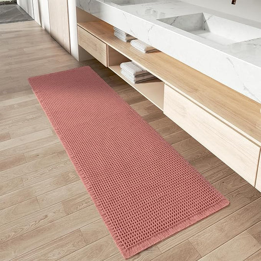 AMOAMI Upgraded Waffle Runner Rug Super Absorbent Non Slip Bath Mats for Bathroom Machine Washable Bathroom Runner Rug with Tassels, Ideal for Hallway Bedroom Laundry Room, Coral, 2'x 4'(24" x 48")