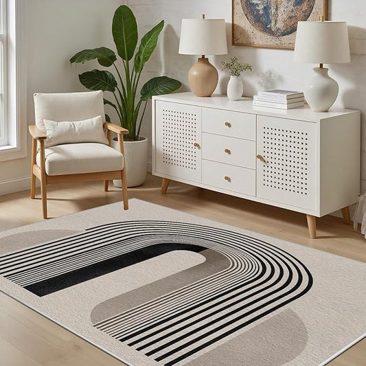Modern Washable Rug for Living Room 8x10, Boho Abstract Striped Area Rugs, Soft Non Slip Low Pile Farmhouse Carpet for Bedroom Dining Room Kitchen, Stain Resistant, Pet Friendly, Beige Black