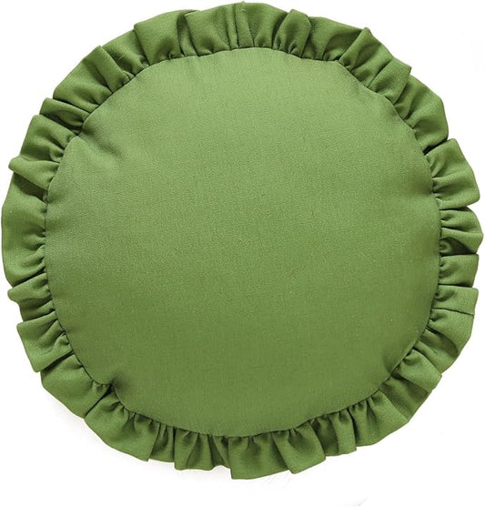 ISAENNE Classic Green Round Throw Pillow Cover Diameter 16", Solid Color Cottage Linen Cotton Decoration Pillow Cover with Ruffles, Sturdy Throw Pillow Case for Couch Sofa Bed Living Room