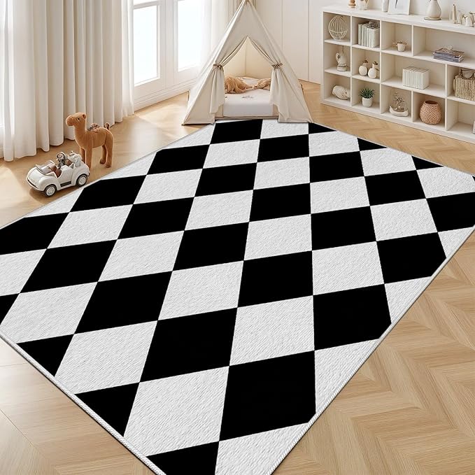Checkered Rug, Black White Rug, Washable Rugs 5x7, Geometric Rhombus Plaid Area Rugs, Grid Gingham Carpet for Living Room Non Slip Home Decor