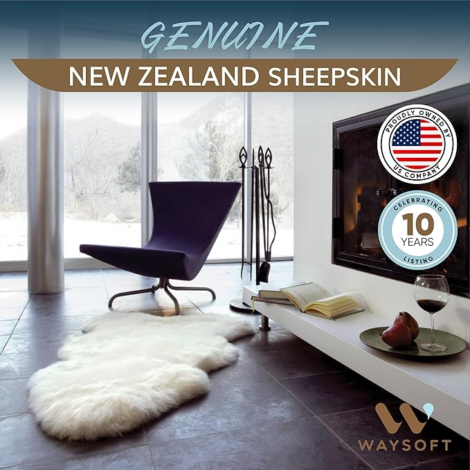 WaySoft New Zealand Sheepskin Area Rug – Genuine Fluffy Wool, Multiple Sizes, Bedroom or Living Room Decor(6ft x 7ft,Ivory)