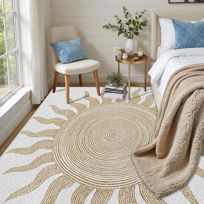 Boho Washable Rugs for Bedroom 4x6, Modern Sun Print Soft Minimalism Area Rug, Non Slip Low Pile Abstract Carpet for Classroom Living Room Decor Dining Room Sofa Kids Nursery Room, Beige Yellow