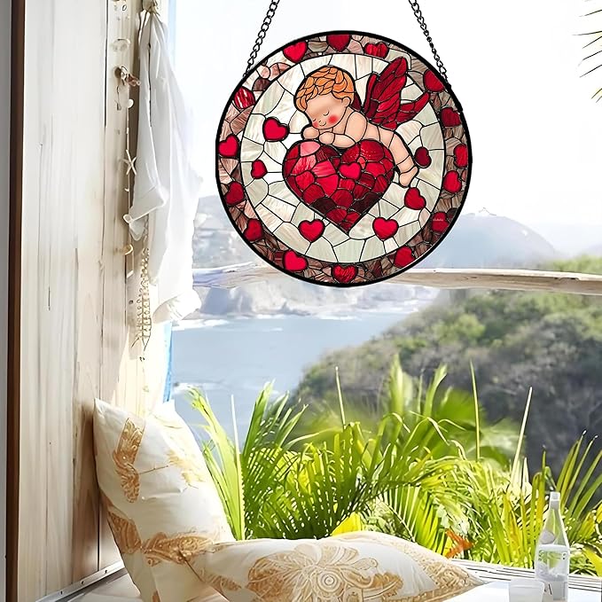 Stained Glass Window Hanging - Red Love Angel Sun Catcher for Door Garden Home Decor Cute Suncatcher Christmas Mother's Day Birthday for Women Men Mom Nana 7.8 in