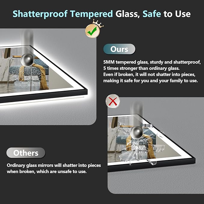 32x36 Black Framed LED Bathroom Mirror with Lights, Backlit & Front Lit, Anti-Fog Lighted Vanity Mirror for Bathroom Wall, 3 Colors, Dimmable, Memory, HD Tempered Glass, Horizontal/Vertical