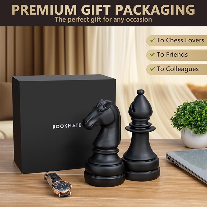 Chess Book Ends for Shelves – Elegant Decorative Bookends for Heavy Books, Office & Living Room Decor – Modern Shelf Organizer and Gift for Book Lovers by ROOKMATE (Matte Black, Légal’s Mate)