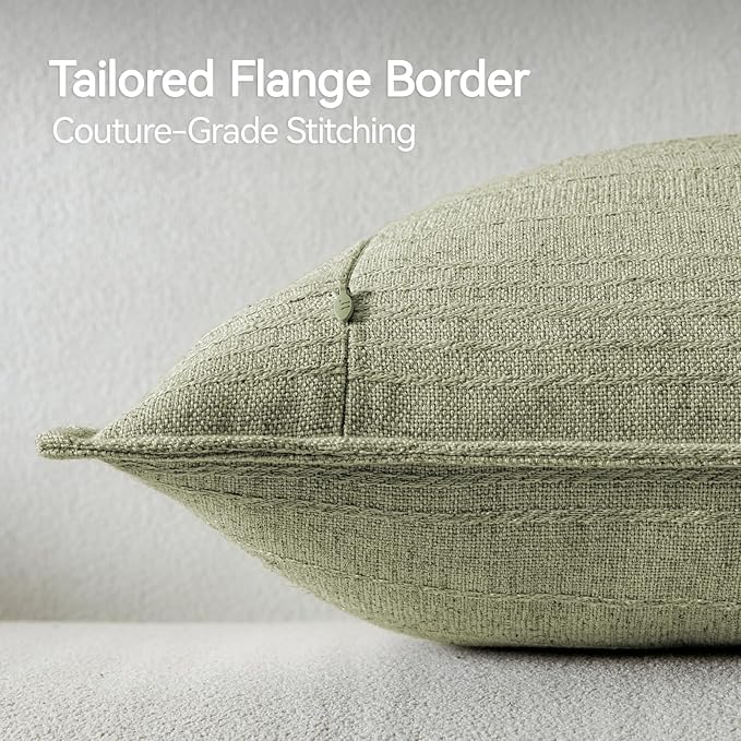 a moment Linen Pillow Covers Set of 2,Boho Farmhouse Throw Pillowcases Neutral Textured Decorative Covers for Couch Sofa,Linen Blend Accent Case Cushion Living Room Home Decor 24"x24"Seeding Green