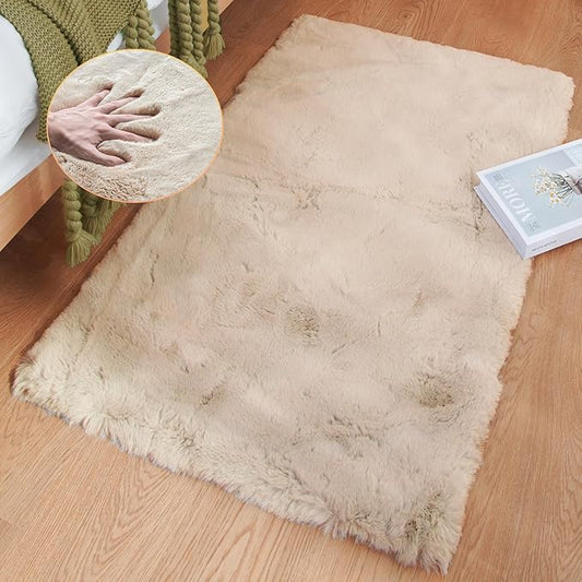 Beige Faux Sheepskin Rabbit Fur Shaggy Rugs for Bedroom Small Shag Washable Fluffy Fur Rug for Living Room Rug 2x3 Nursery Rectange Rugs