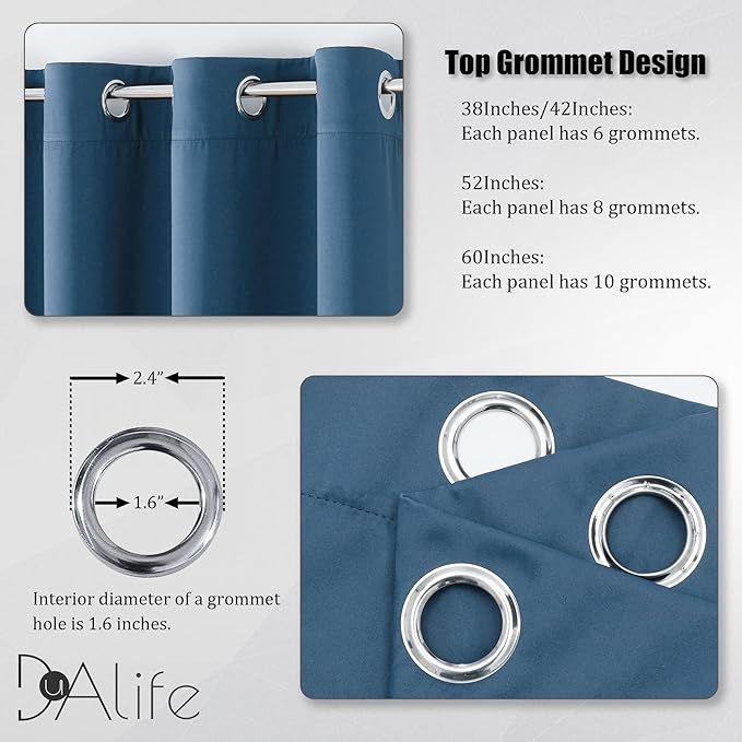 DUALIFE Midnight Blue Curtains 63 Inch Length for Boys Kids Room 2 Panel, Grommet Boho Curtains for Bedroom, Dark Denim Blue, 42 by 63 Inch
