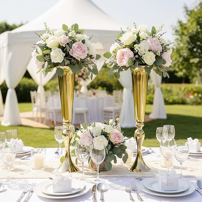 Set of 2 Metal Trumpet Vases for Table Centerpieces, Anniversary Celebration Wedding Party Dinner Table Centerpieces, Wedding Decorations, 21.9"/55.5cm Gold Vases