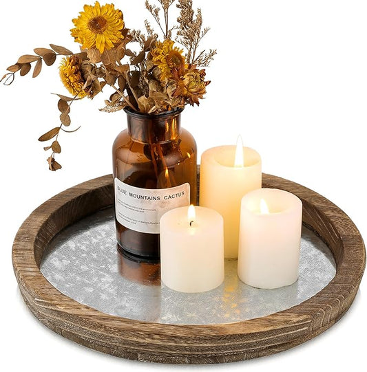 Hanobe Candle Plate Holder Tray: Round Wood Decorative Candle Plate - Rustic Farmhouse CoffeeTable Decor - Tealight Pillar Trays for Home Decor (Distressed Mirror)
