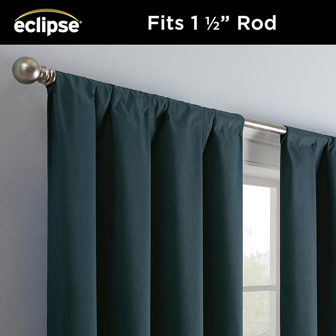 Eclipse Kendall Modern Blackout Thermal Rod Pocket Window Curtain, Insulating & Noise Reducing Curtains for Bedroom or Living Room (1 Panel), 95 in Long x 42 in Wide, Teal
