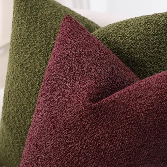 Boucle Decorative Throw Pillow Covers for Couch Set of 2, 24x24 inches, Burgundy