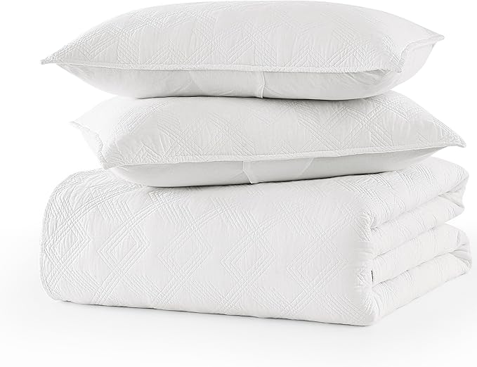 WDCOZY 100% Cotton Twin Size Quilt Set - White Pre-Washed Soft Lightweight Modern Bedspread, Farmhouse Country Rustic Coverlet, Textured Like Linen, Shabby Chic Gauze Bedding, 2 Pieces