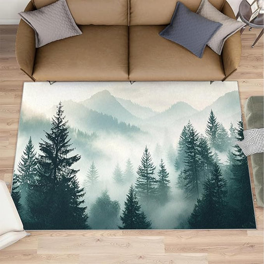 Misty Forest 2x3 Area Rug Natural Landscape Washable Rugs for Living Room Bedroom, Green Woods Soft Low Pile Non Slip Accent Floor Mat Print Throw Rug Indoor Carpet Dining Room Playroom