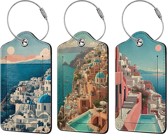 Greek Island Sunset Landscape Luggage Tag 3 Pack Travel Cruise Luggage Tags for Suitcases, Identifiers Bag Tags with Privacy Flap, Baggage Name Tag for Women Men Luggage Backpack Handbag School Bag
