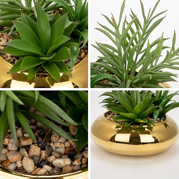 Hollyone Large Artificial Succulents Plants Faux Succulents with Gold Pots Fake Succulent Potted Plants in Ceramic Pot for Home Decor Office Desk Bathroom Living Room Indoor & Outdoor Decorations