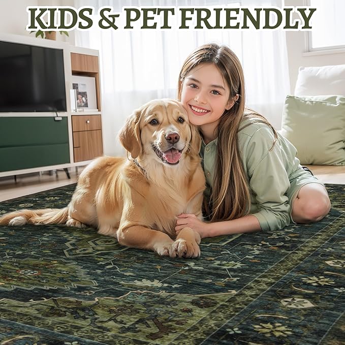 Tangsoo 2.6x8 Washable Runner Rug for Hallways, Non Slip Vintage Runner Rug, Soft Low Pile Long Rug Runner, Print Distressed Green Carpet Runners for Kitchen Bedroom Entryway Bathroom Living Room