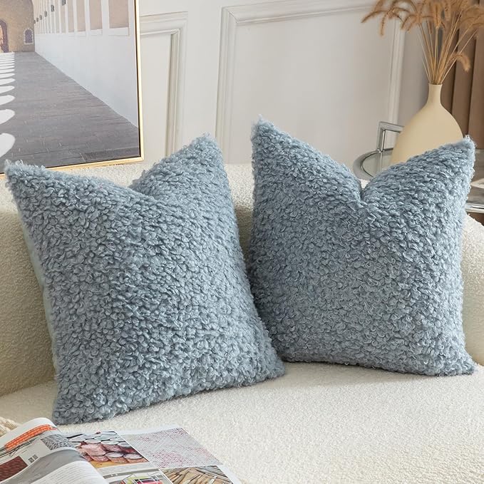 Yaertun Pack of 2 Faux Fur Throw Pillow Covers Decorative Sherpa Boucle Pillow Covers Fuzzy Soft Pillowcases Sheepskin Fleece Cushion Case for Couch Sofa Bed Living Room 18x18 Inch Light Blue