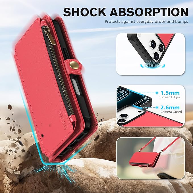 TUCCH Detachable Crossbody Wallet Case for iPhone 17 Pro Max 6.9", 10 Card Slots RFID Blocking | Stand | Lanyard Wrist Strap | Wireless Charging | Zipper Pocket | PU Leather Magnetic Cover | Red
