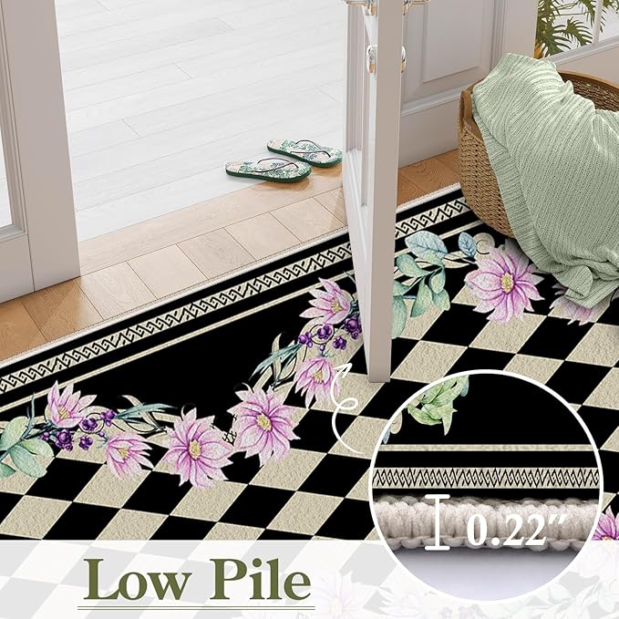 Vintage Farmhouse Checkered Hallway Carpet, 2x7ft, Elegant Floral Flower Checkerboard Indoor Throw Rugs, Absorbent Washable Foldable No Crease High Traffic Mat for Laundryroom Floor