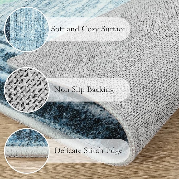 Lahome Modern Abstract 3x5 Rug,Washable Blue Throw Rugs for Entryway Indoor Non-Slip,Low-Pile Soft Area Rug Minimalist Bordered Carpet for Kitchen Bathroom Bedroom