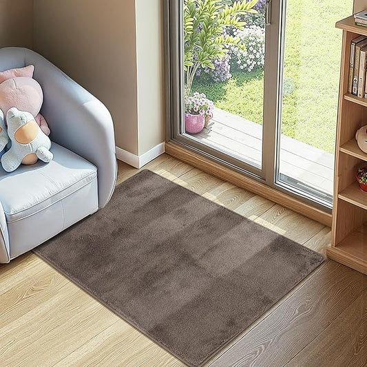 jinchan Solid Plush Area Rug 2x3 Performance Shaggy Washable Rug Indoor Entryway Doormat Soft Modern Faux Wool Cozy Non Slip Carpet for Living Room Kid Room Bedroom Nursery Brown
