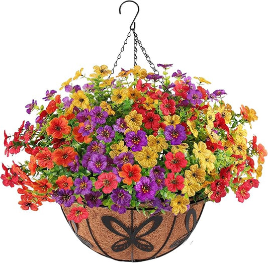 Artificial Faux Hanging Flowers Plants Basket for Outdoors Outside Home Decoration,Hanging Planters with Realistic Silk Fake Daisy Flowers UV Resistant for Balcony Patio Porch Spring Summer Multicolor