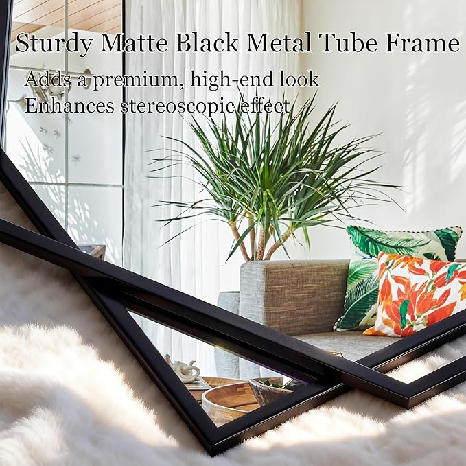 28"x 55" Decorative Mirror for Living Room with Hexagon and Rectangular Metal Frame, Entryway Mirror for Wall Decor, Vertical or Horizontal Hanging, Black