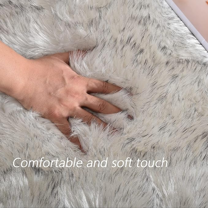 Latepis White with Grey Tips Small Bedroom Washable Soft Shaggy 2x3 Rug Fuzzy Rug Faux Sheepskin Fur Rug for Cushion Cat Mat Home Decor Rectangle