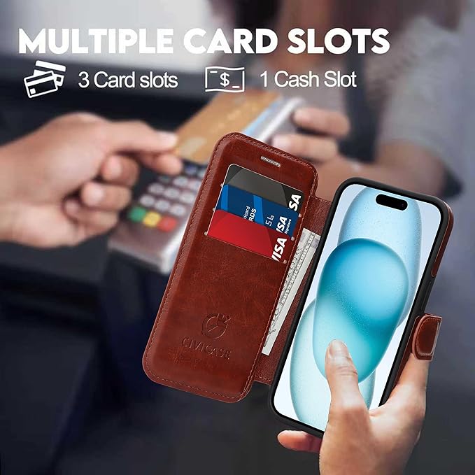 CIVICASE for iPhone 15 Pro Wallet Case with Stand,PU Leather Flip Credit Card Holder Slots (RFID Blocking),Compatible with Magsafe Magnetic Holder Phone Cover Women Men,Dark Brown