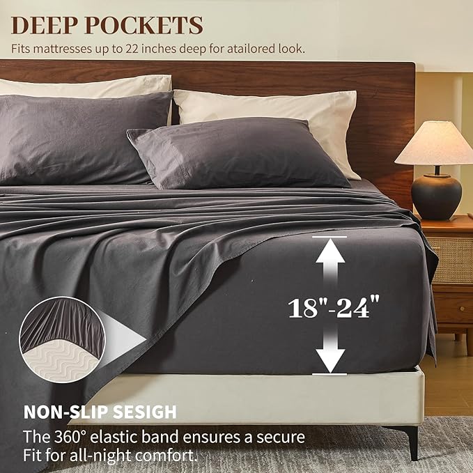 MEISHANG 100% French Pure Linen Sheets Queen Size - 6 PC Extra Deep Pocket Sheet Set, Soft Durable Flax Linen, Anti-Tear Breathable & Oeko-Tex Certified 18-24 Deep Pocket,All Season(Dark Grey)