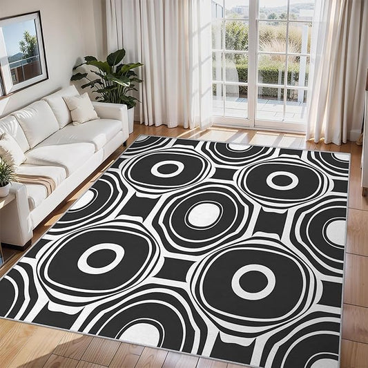 Black and White Geometric Rugs for Home Decor, 4x6 ft, Ring Circle Area Rugs for Living Room, Soft Non Slip Washable Modern Abstract Carpet Bedroom Decorations Dt-Ghf-31