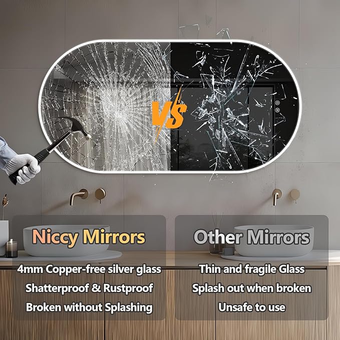 Niccy Oval LED Bathroom Vanity Mirror, 40"x24" Front lit Mirror with Light, Smart Anti-Fog Waterproof Mirror with Memory Function Dimmable Lighted Mirror