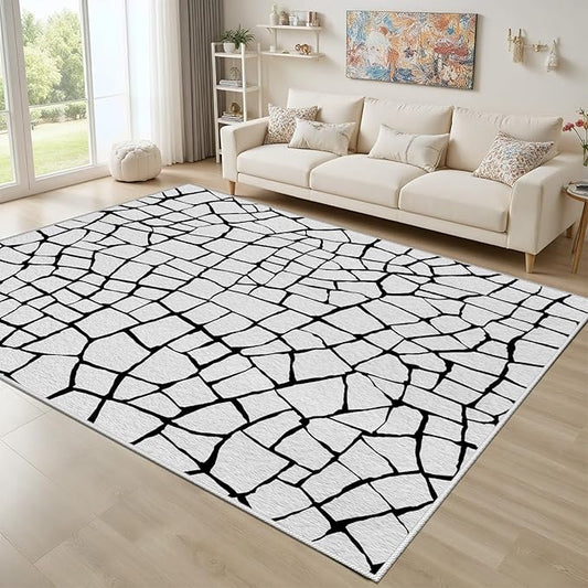 Black and White Area Rug, Abstract Rug, Contemporary Minimalist Rugs, Geometric Cracks Area Rugs, Modern Geometric Carpet for Living Room, Washable Non Slip Home Decor Mat 3x5