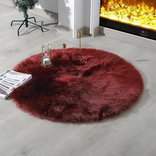 Faux Fur Rug Sheepskin Shag Fluffy Fuzzy Red 3x3 ft Rugs for Bedroom Bedside Bed Floor Living Room Plush Round High-Density Cushion Carpet Super Sofa Cover