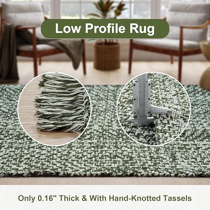 Collive Long Carpet Runners for Hallway 2x8ft, Washable Low Profile Front Entryway Rug Cotton Hand-Woven Kitchen Rug Runner, Olive Green/Cream Farmhouse Bedroom Rug for Laundry Room Entrance