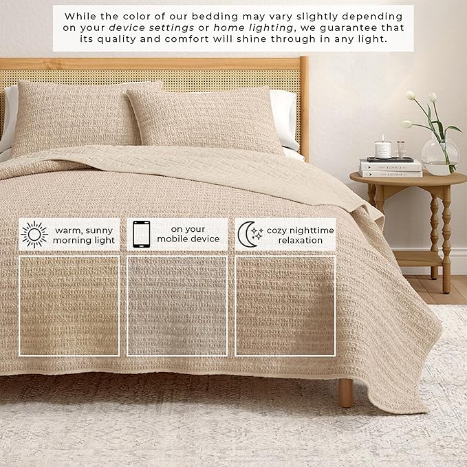Great Bay Home Full/Queen Size Taupe 100% Cotton Honeycomb Waffle Quilt and Sham Set - Garment Washed, Waffle Weave Like Texture, Lightweight 3-Piece Bedding Set (Cappuccino)