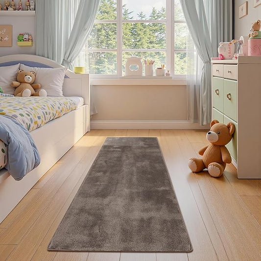 jinchan Solid Plush Runner Rug 2x6 Performance Shaggy Washable Hallway Rug Soft Modern Faux Wool Cozy Non Slip Carpet for Bedroom Laundry Room Living Room Kids Nursery Brown