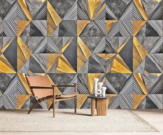 AFZEVEB-3D Geometric Wall Mural Gray and Gold Wallpaper for Bedroom 136"x96"(Not Peel and Stick)