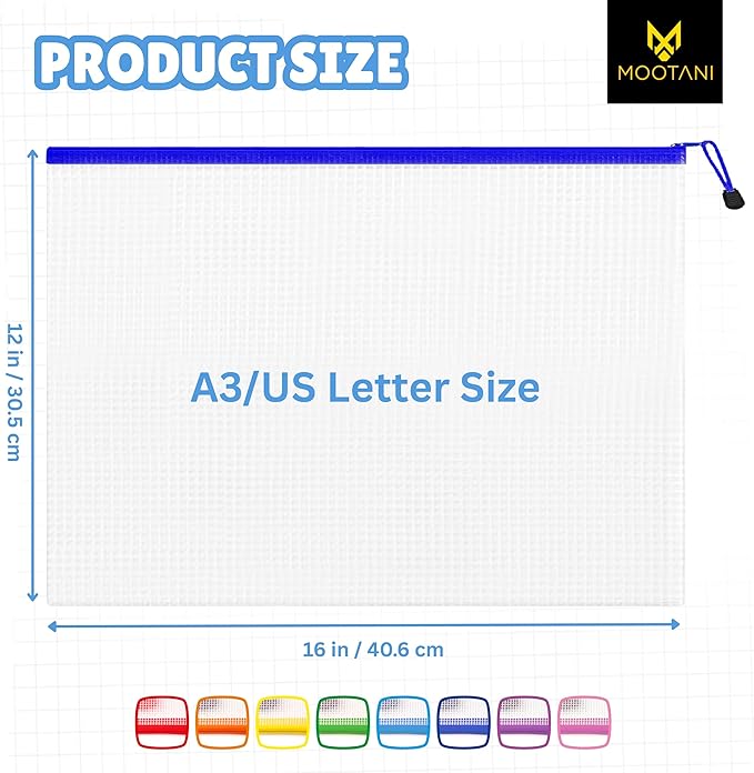 24 Pcs Mesh Zipper Pouch Bags A3 (16x12) Inches Large Waterproof, Reusable Zipper Bags for Board Game & Puzzle Storage, Classroom, Office & Organization, 8 Colors