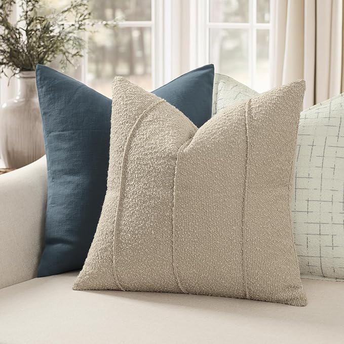 YCOLL Textured Boucle Throw Pillow Covers 22x22 Pack of 2 - Soft Neutral Striped Cushion Covers, Cozy Accent Decorative Pillow Covers for Couch, Sofa, Bed, Living Room (Oatmeal)