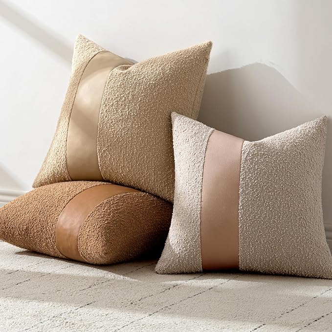 MIULEE Boucle Throw Pillow Covers 18x18 Inch Set of 2 Oatmeal Faux Leather Textured Decorative Pillow Cases Boho Farmhouse Accents Cushion Covers for Couch Bed Livingroom Home Decor
