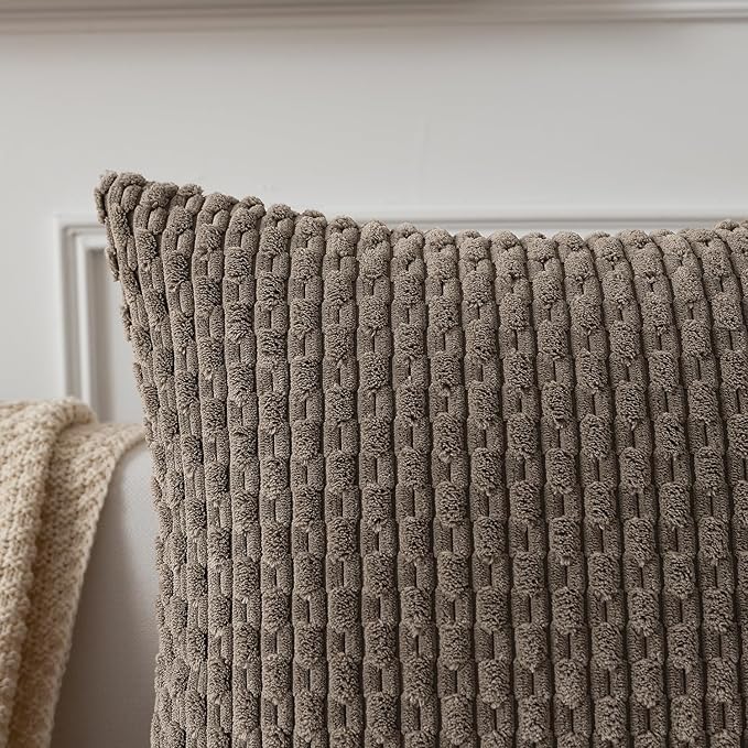 Kevin Textile Throw Pillow Covers Soft Corduroy Decorative Set of 2 Boho Striped Pillow Covers Pillowcases Farmhouse Home Decor for Couch Bed Sofa Living Room 24x24 Inch Light Brown