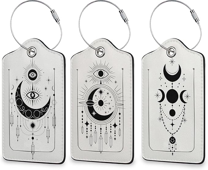 Boho Moon Eyes Luggage Tags for Suitcase 3 Pack, Leather Bag Tags Identifiers with Privacy Name Address Labels and Durable Steel Loop for Men Women Backpack